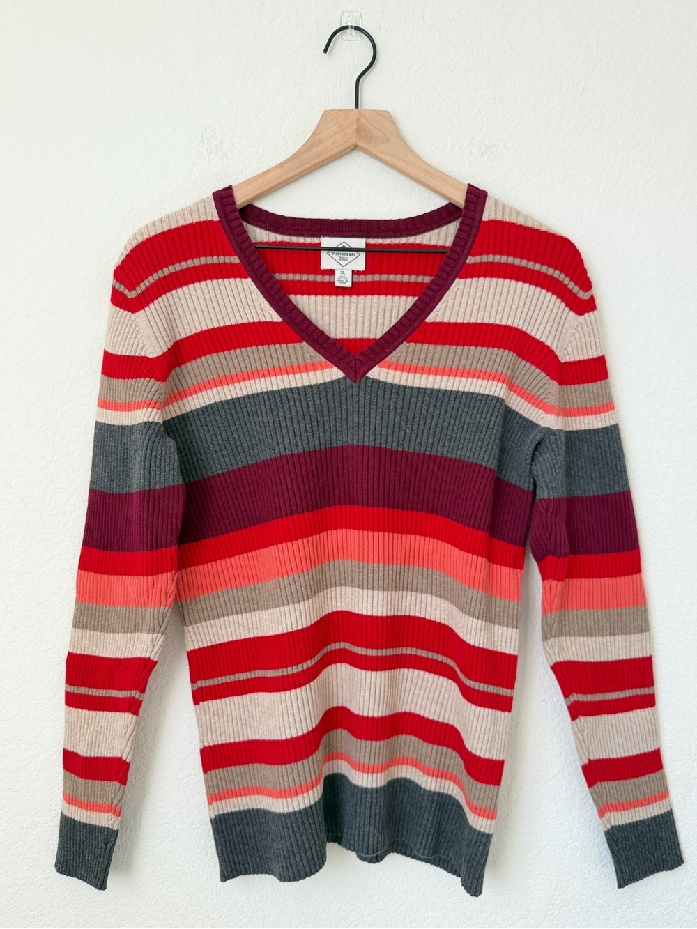 St. John’s Bay Striped V-Neck Ribbed Sweater Striped Vintage XL 100% Cotton